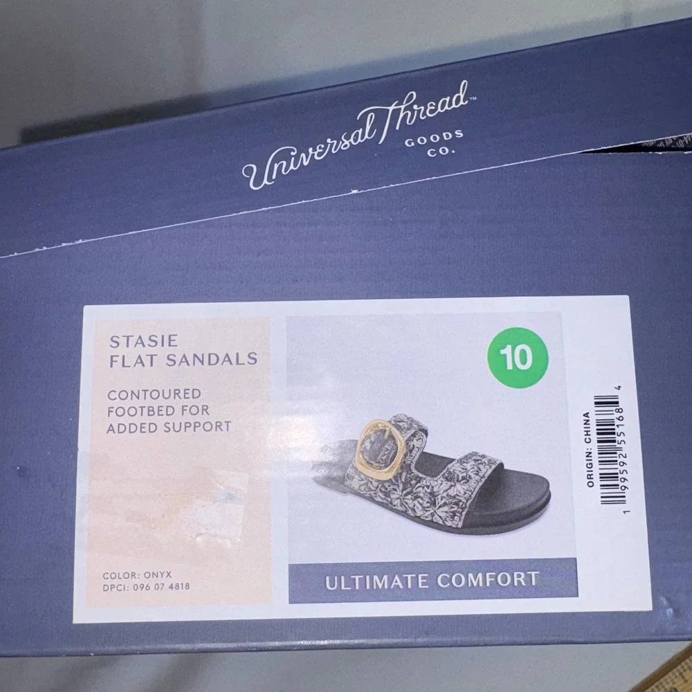 Universal Thread Stasie Flat Sandals 10 Onyx NEW Woven Floral Buckle Slide